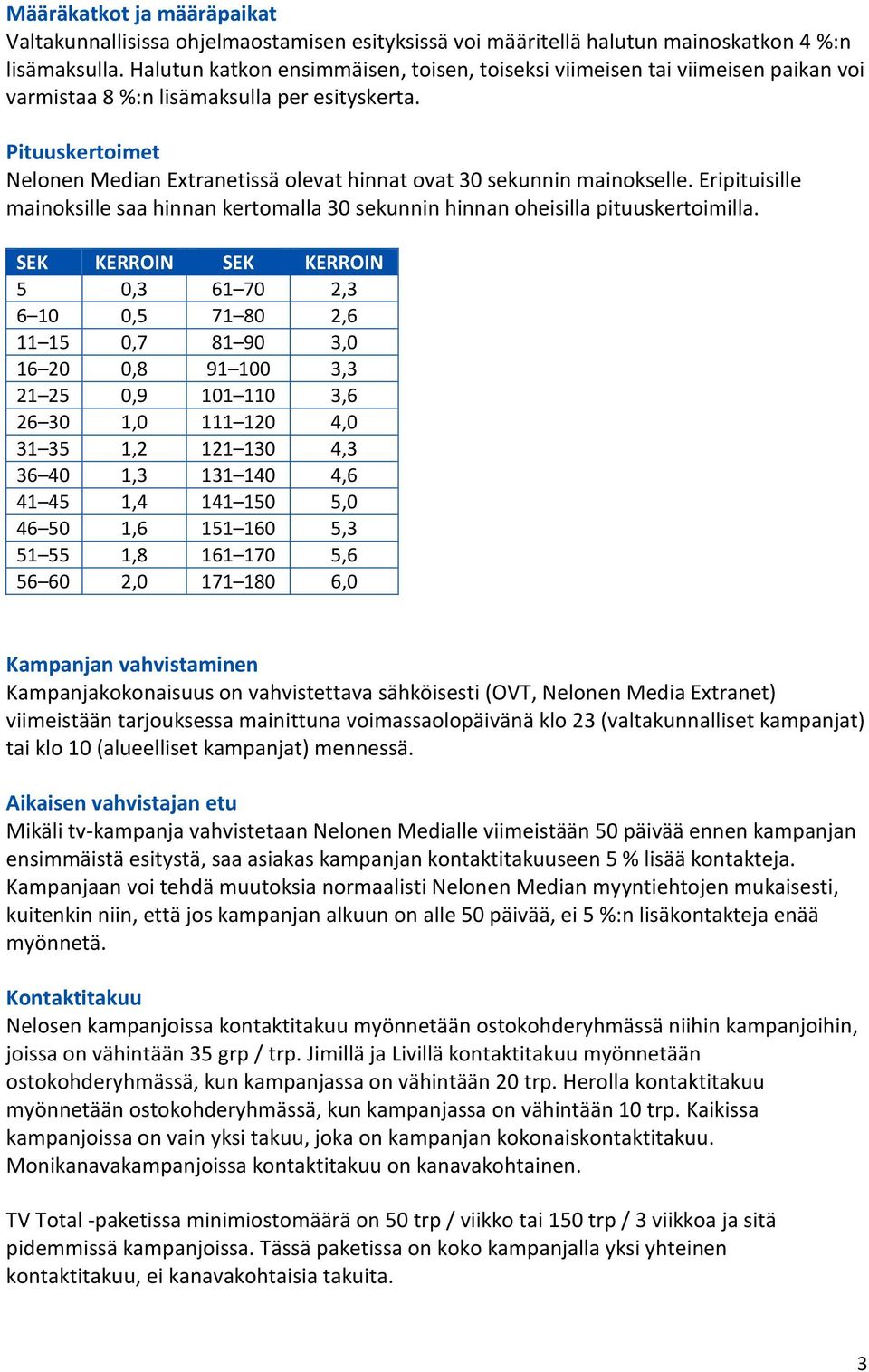 Pituuskertoimet Nelonen Median Extranetissä olevat hinnat ovat 30 sekunnin mainokselle. Eripituisille mainoksille saa hinnan kertomalla 30 sekunnin hinnan oheisilla pituuskertoimilla.