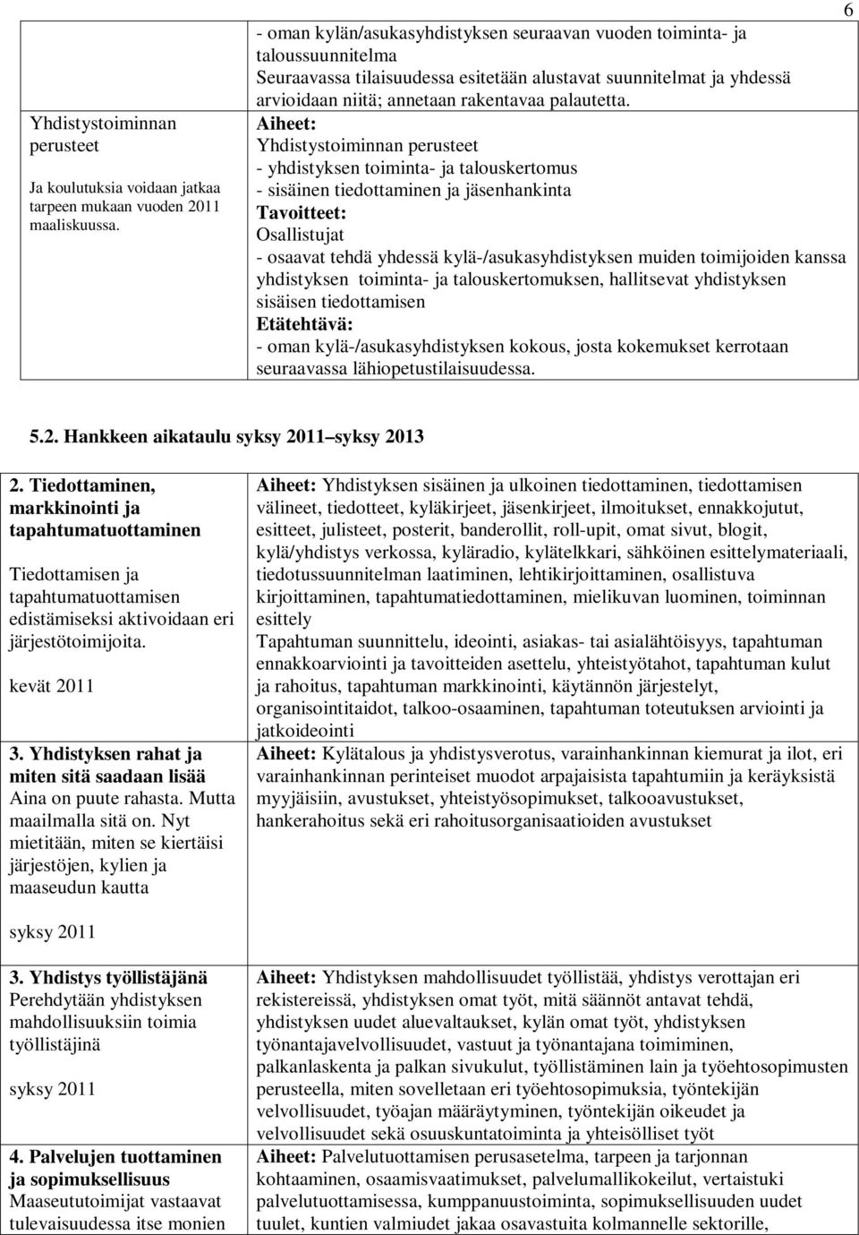 Yhdistystoiminnan perusteet - yhdistyksen toiminta- ja talouskertomus - sisäinen tiedottaminen ja jäsenhankinta - osaavat tehdä yhdessä kylä-/asukasyhdistyksen muiden toimijoiden kanssa yhdistyksen