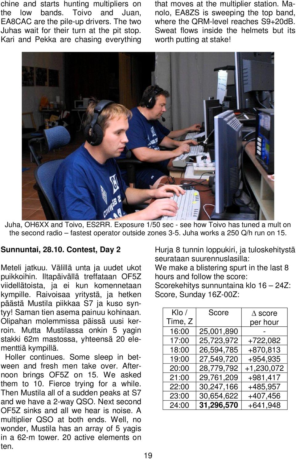 Sweat flows inside the helmets but its worth putting at stake! Juha, OH6XX and Toivo, ES2RR. Exposure 1/50 sec - see how Toivo has tuned a mult on the second radio fastest operator outside zones 3-5.