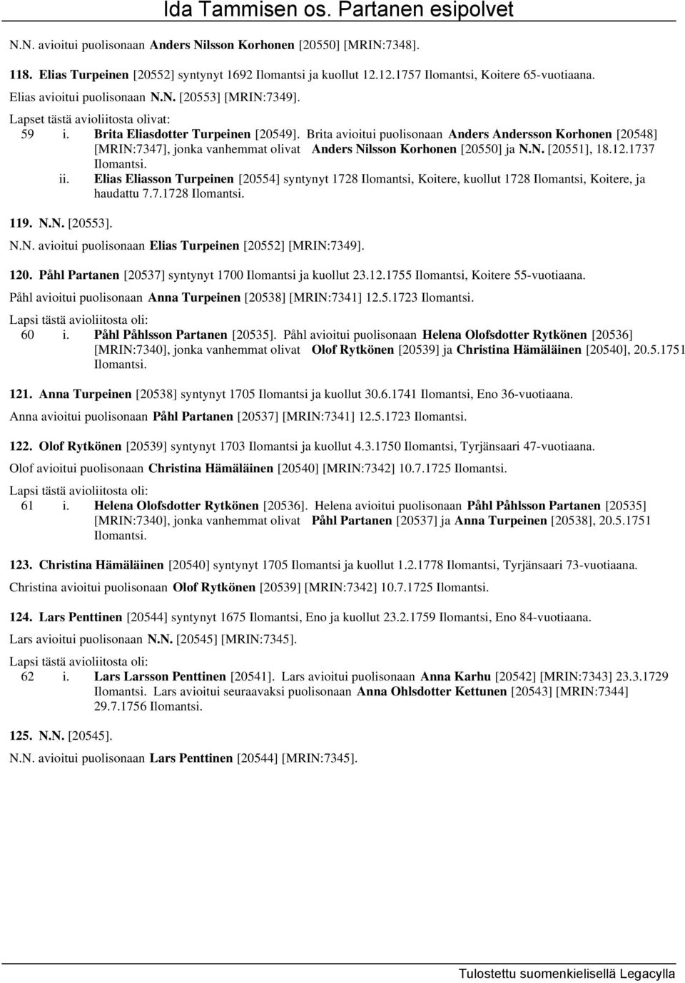 Brita avioitui puolisonaan Anders Andersson Korhonen [20548] [MRIN:7347], jonka vanhemmat olivat Anders Nilsson Korhonen [20550] ja N.N. [20551], 18.12.1737 Ilomantsi. ii.