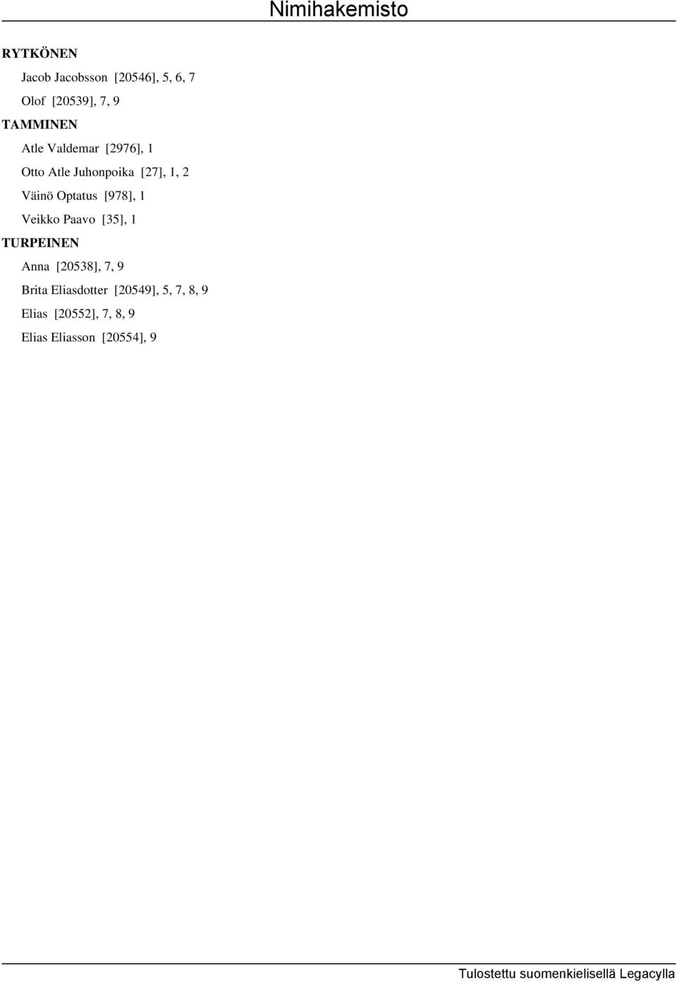 Optatus [978], 1 Veikko Paavo [35], 1 TURPEINEN Anna [20538], 7, 9 Brita