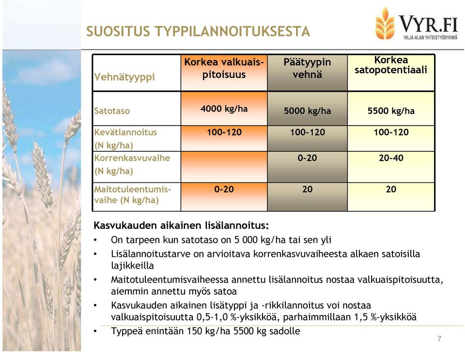 tai sen yli Lisälannoitustarve on arvioitava korrenkasvuvaiheesta alkaen satoisilla lajikkeilla Maitotuleentumisvaiheessa annettu lisälannoitus nostaa valkuaispitoisuutta, aiemmin