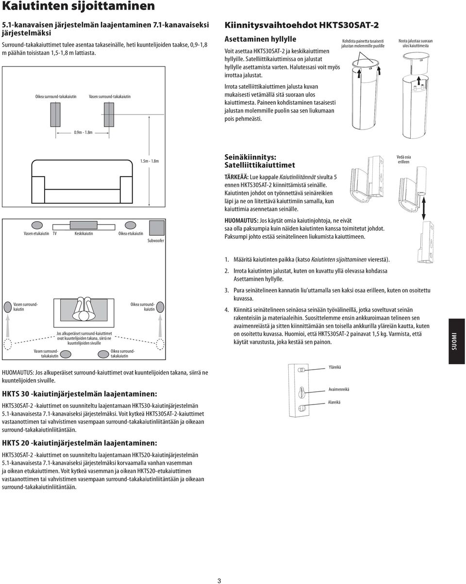 8m Vasen surround-takakaiutin Kiinnitysvaihtoehdot HKTS30SAT-2 Asettaminen hyllylle Voit asettaa HKTS30SAT-2 ja keskikaiuttimen hyllyille.