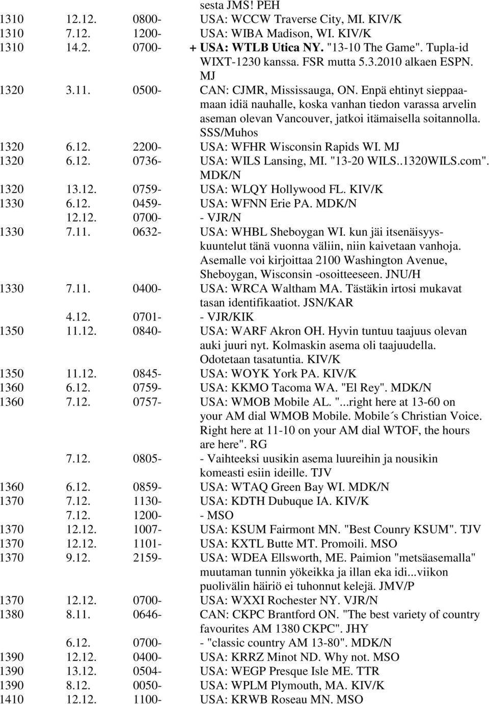 Enpä ehtinyt sieppaamaan idiä nauhalle, koska vanhan tiedon varassa arvelin aseman olevan Vancouver, jatkoi itämaisella soitannolla. SSS/Muhos 1320 6.12. 2200- USA: WFHR Wisconsin Rapids WI.
