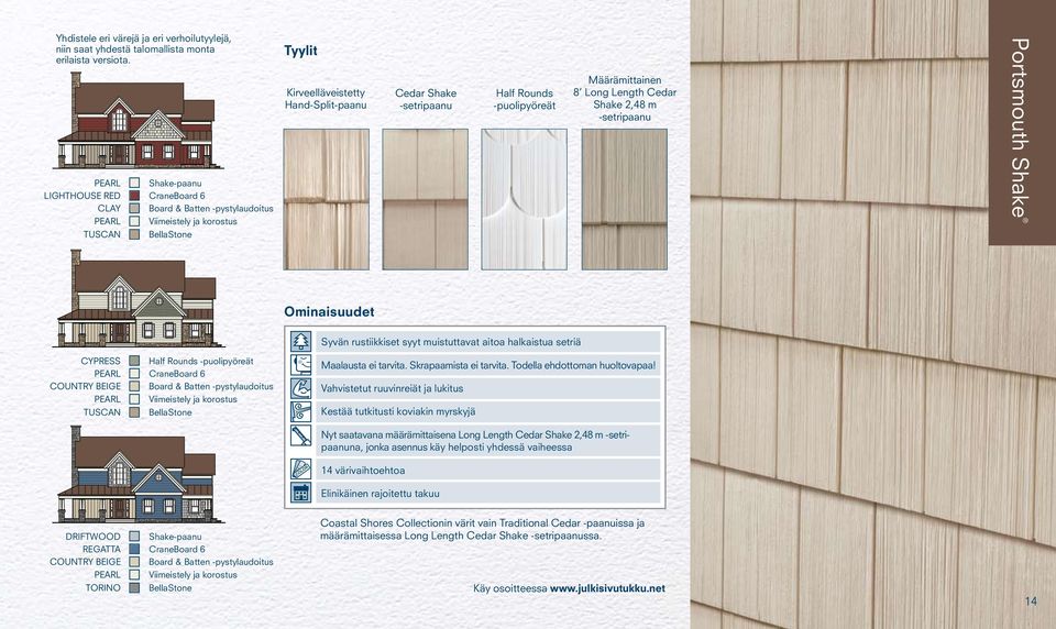 Portsmouth Shake TUSCAN Ominaisuudet CYPRESS COUNTRY BEIGE TUSCAN Half Rounds -puolipyöreät CraneBoard 6 Syvän rustiikkiset syyt muistuttavat aitoa halkaistua setriä Maalausta ei tarvita.
