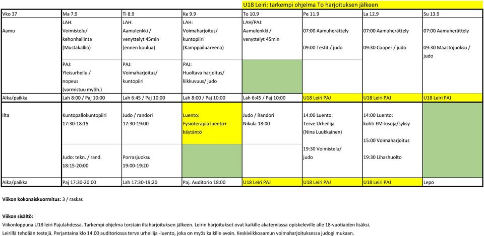 45min (Mustakallio) (ennen koulua) (Kamppailuareena) 09:00 Testit / judo 09:30 Cooper / judo 09:30 Maastojuoksu / judo PAJ: PAJ: PAJ: Yleisurheilu / Voimaharjoitus/ Huoltava harjoitus/ nopeus