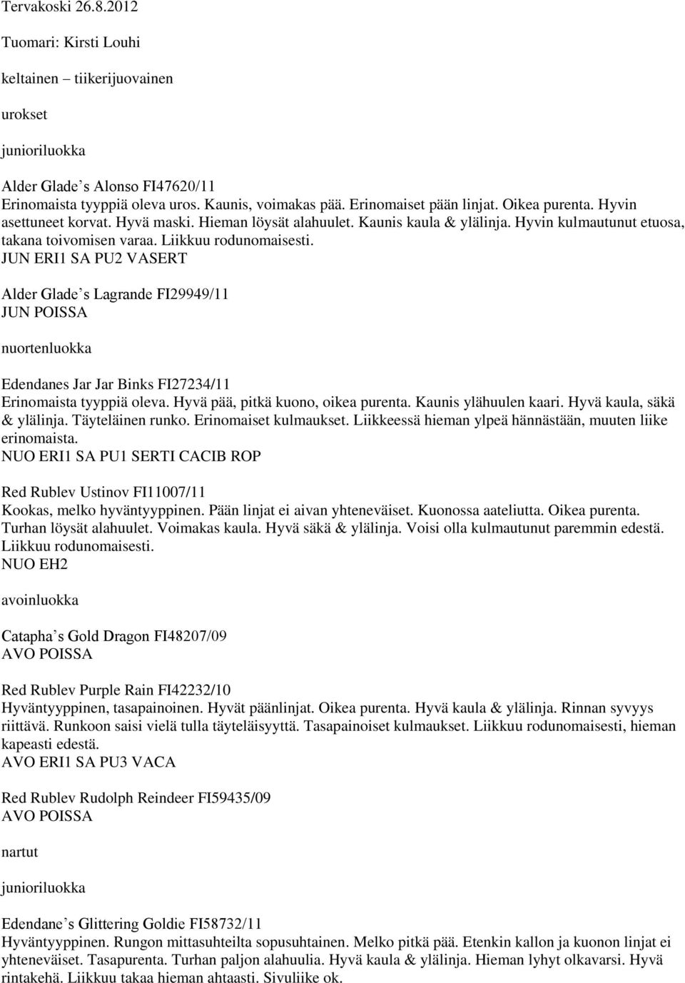 JUN ERI1 SA PU2 VASERT Alder Glade s Lagrande FI29949/11 JUN POISSA Edendanes Jar Jar Binks FI27234/11 Erinomaista tyyppiä oleva. Hyvä pää, pitkä kuono, oikea purenta. Kaunis ylähuulen kaari.