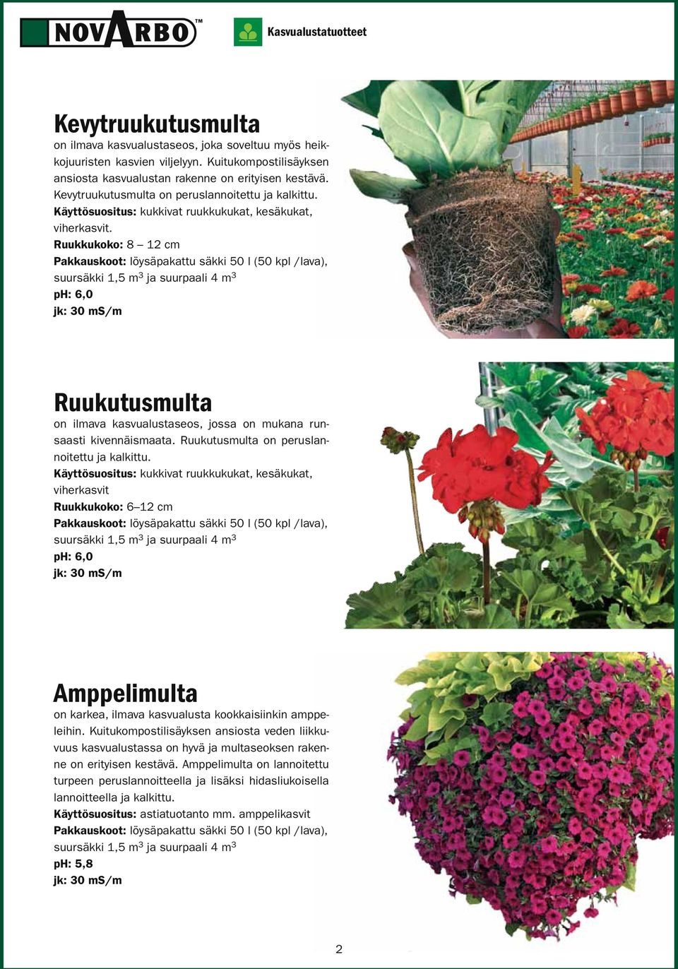 Ruukkukoko: 8 12 cm Pakkauskoot: löysäpakattu säkki 50 l (50 kpl /lava), suursäkki 1,5 m 3 ja suurpaali 4 m 3 ph: 6,0 jk: 30 ms/m Ruukutusmulta on ilmava kasvualustaseos, jossa on mukana runsaasti