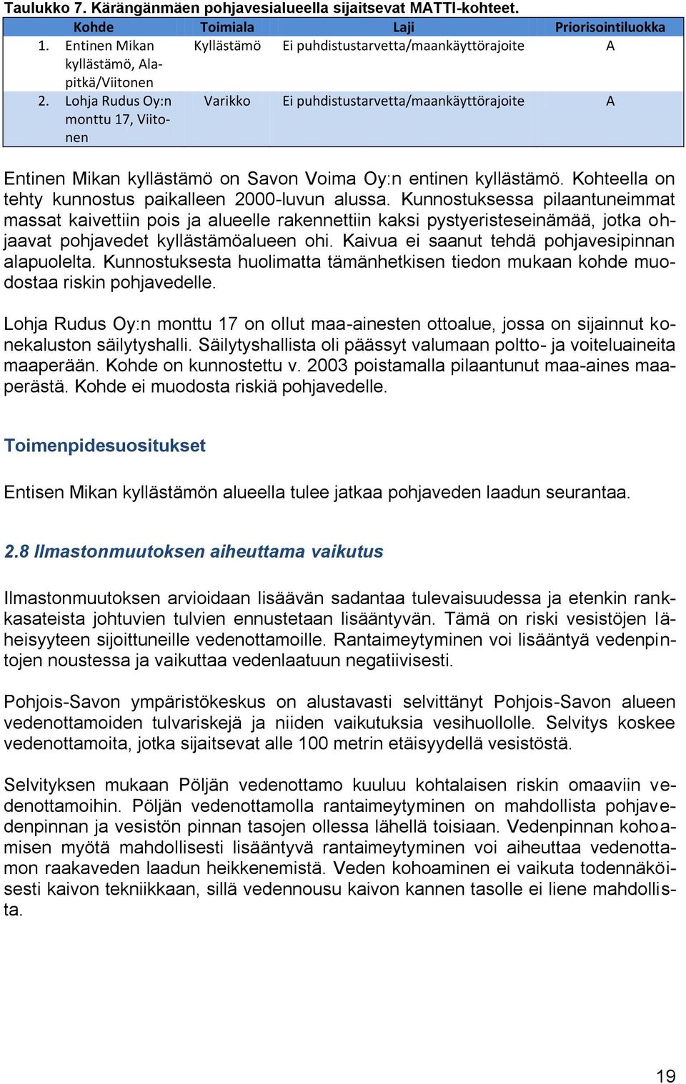 Lohja Rudus Oy:n monttu 17, Viitonen Varikko Ei puhdistustarvetta/maankäyttörajoite A Entinen Mikan kyllästämö on Savon Voima Oy:n entinen kyllästämö.