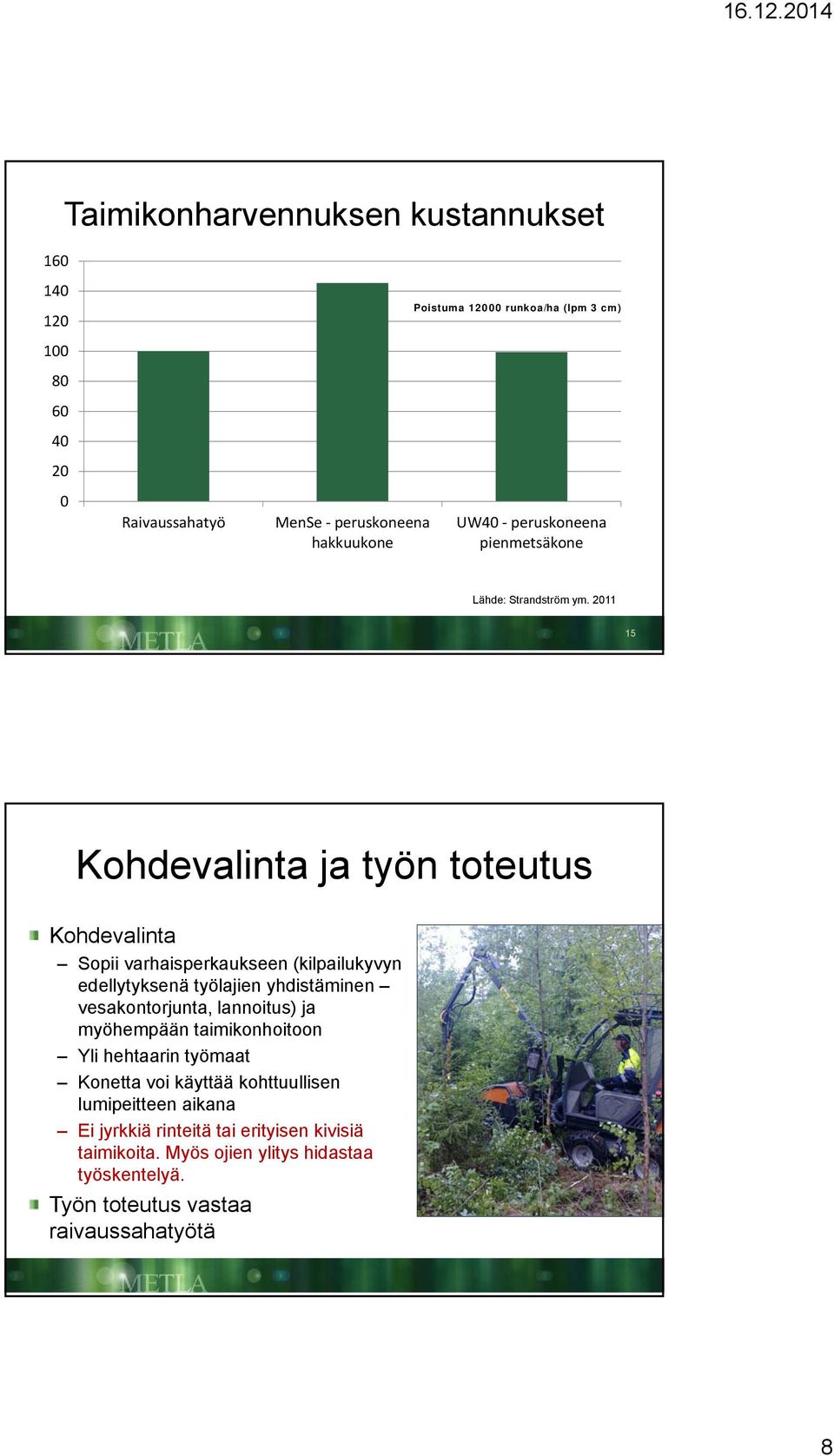 2011 15 Kohdevalinta ja työn toteutus Kohdevalinta Sopii varhaisperkaukseen (kilpailukyvyn edellytyksenä työlajien yhdistäminen vesakontorjunta,