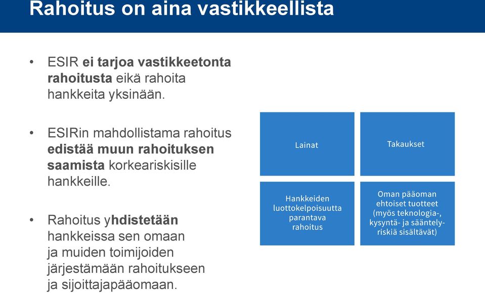 ESIRin mahdollistama rahoitus edistää muun rahoituksen saamista