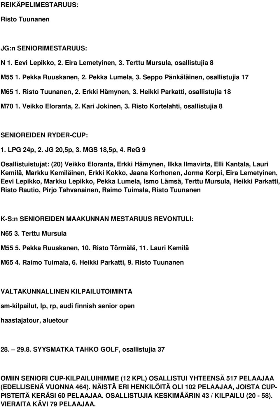 Risto Kortelahti, osallistujia 8 SENIOREIDEN RYDER-CUP: 1. LPG 24p, 2. JG 20,5p, 3. MGS 18,5p, 4.