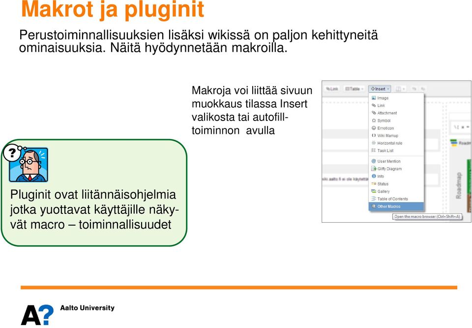 Makroja voi liittää sivuun muokkaus tilassa Insert valikosta tai