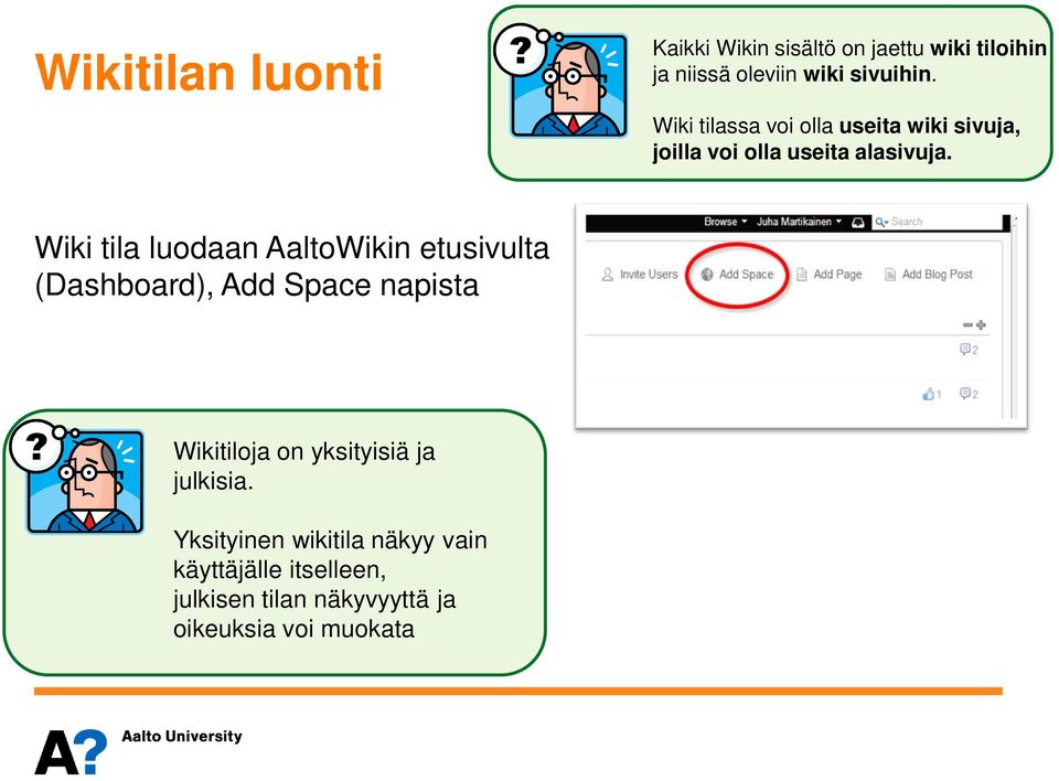 Wiki tila luodaan AaltoWikin etusivulta (Dashboard), Add Space napista Wikitiloja on yksityisiä