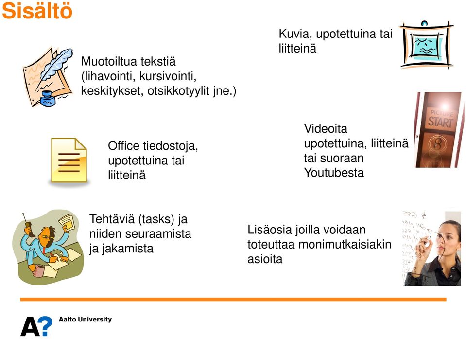liitteinä Videoita upotettuina, liitteinä tai suoraan Youtubesta Tehtäviä (tasks)