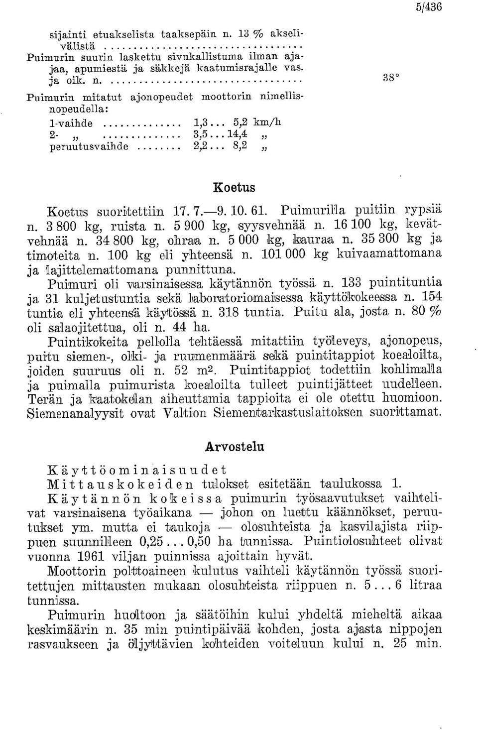 34 800 kg, ohraa n. 5 000 kg, kauraa n. 35 300 kg ja timoteita n. 100 kg eli yhteensä n. 101 000 kg kuivaamattomana ja lajittelemattomana punnittuna. Puimuri oli varsinaisessa käytännön työssä n.