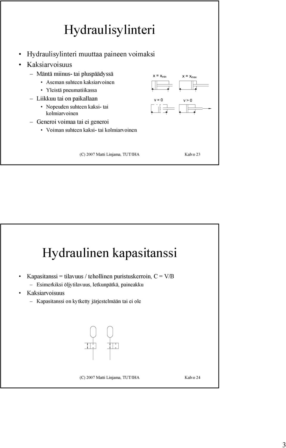 kolmiarvoinen x = x min x = x max (C) 2007 Matti Linjama, TUT/IHA Kalvo 23 Hydraulinen kapasitanssi Kapasitanssi = tilavuus / tehollinen