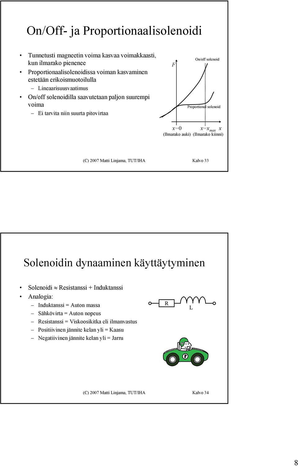 (Ilmarako kiinni) (C) 2007 Matti Linjama, TUT/IHA Kalvo 33 Solenoidin dynaaminen käyttäytyminen Solenoidi Resistanssi + Induktanssi Analogia: Induktanssi = Auton massa Sähkövirta