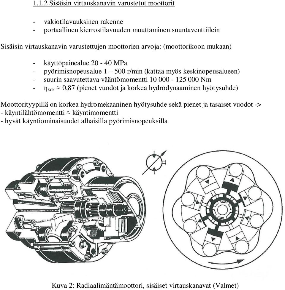 000-125 000 Nm - kok 0,87 (pienet vuodot ja korkea hydrodynaaminen hyötysuhde) Moottorityypillä on korkea hydromekaaninen hyötysuhde sekä pienet ja tasaiset