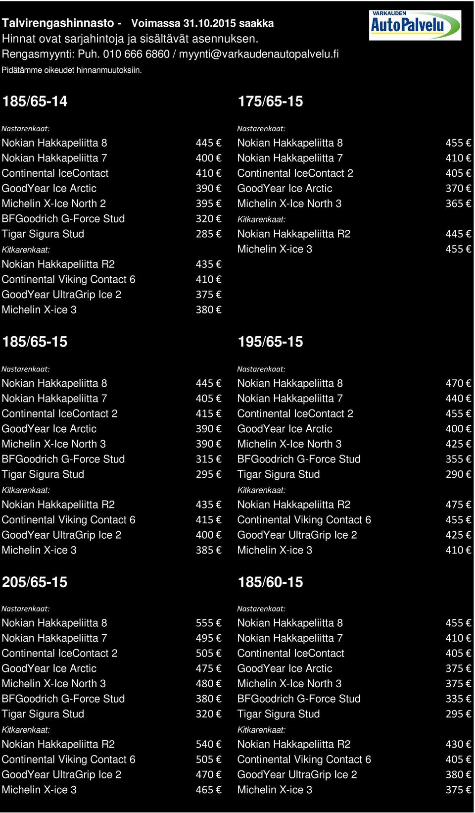 Hakkapeliitta R2 435 Continental Viking Contact 6 410 GoodYear UltraGrip Ice 2 375 Michelin X-ice 3 380 185/65-15 195/65-15 Nokian Hakkapeliitta 8 445 Nokian Hakkapeliitta 8 470 Nokian Hakkapeliitta