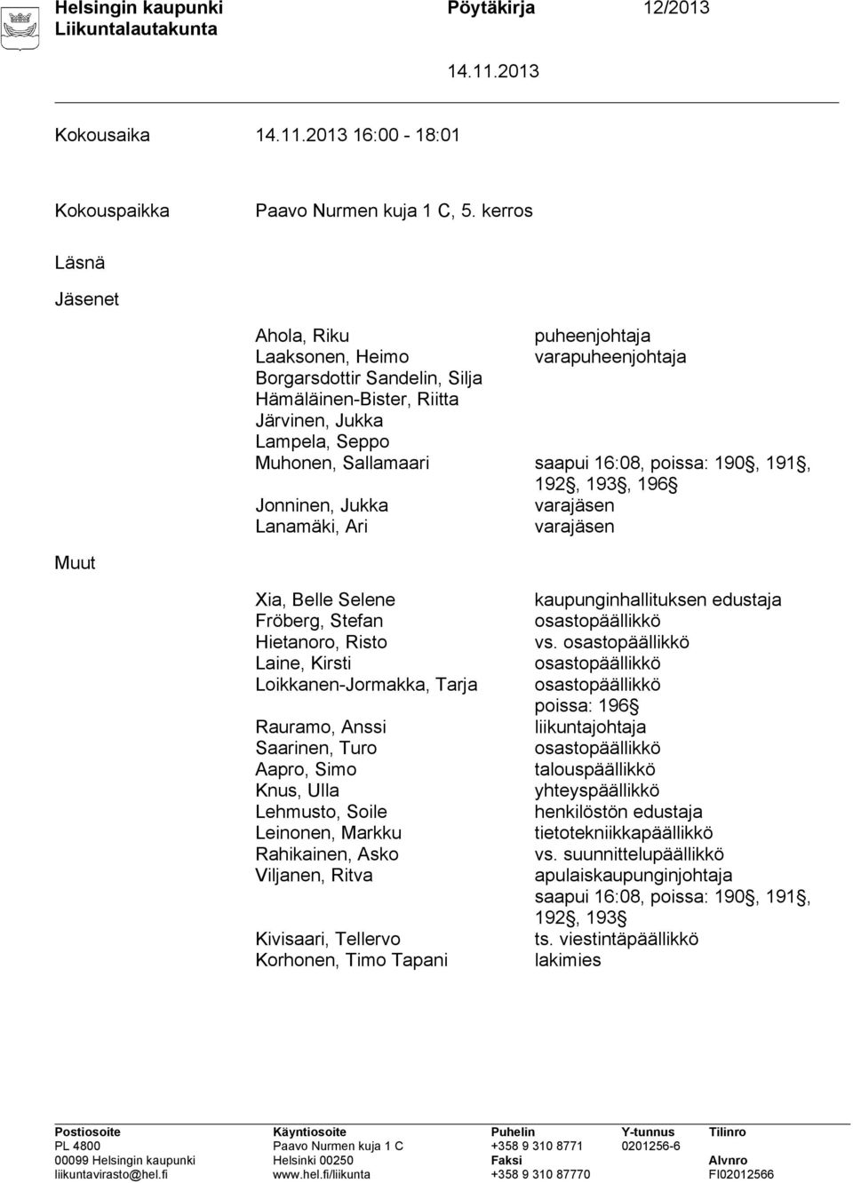 16:08, poissa: 190, 191, 192, 193, 196 Jonninen, Jukka varajäsen Lanamäki, Ari varajäsen Muut Xia, Belle Selene Fröberg, Stefan Hietanoro, Risto Laine, Kirsti Loikkanen-Jormakka, Tarja Rauramo, Anssi