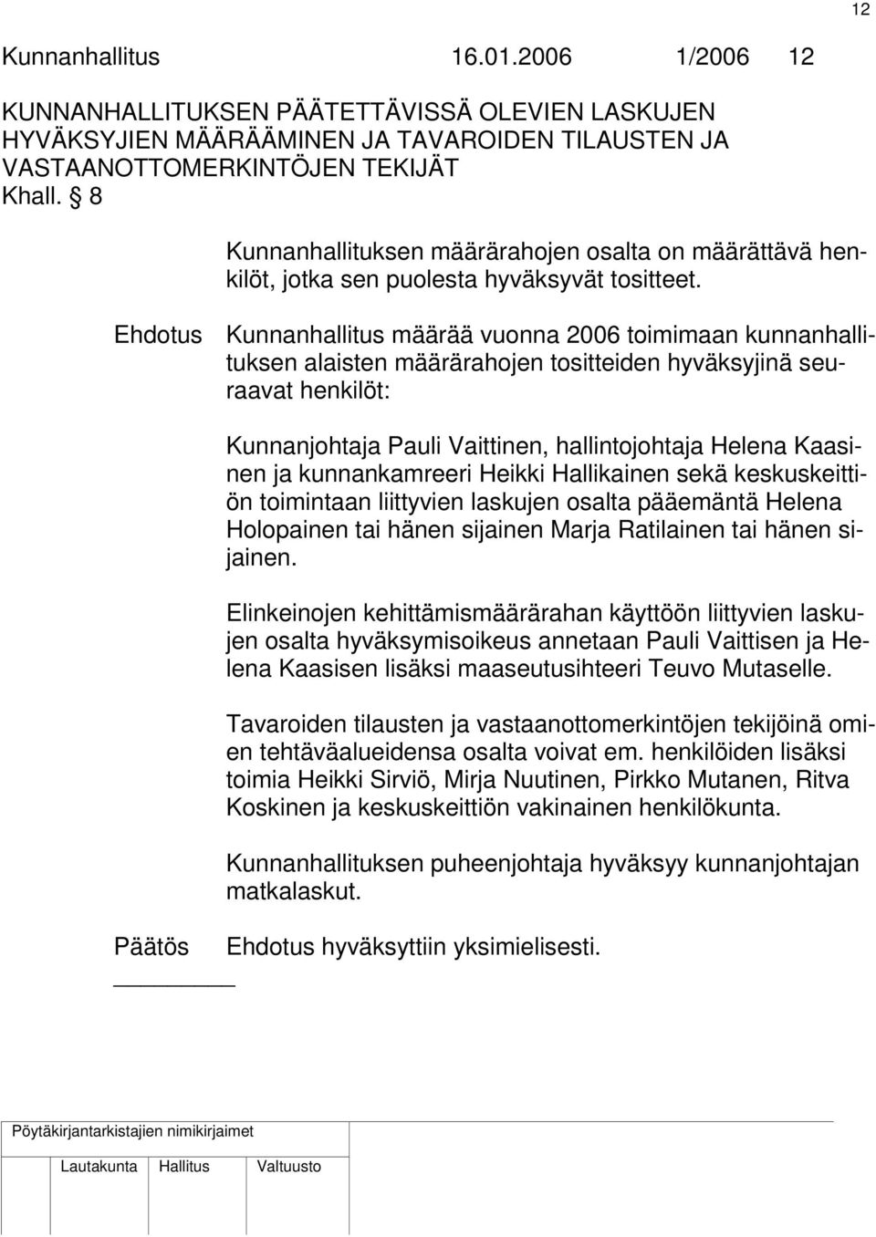 Ehdotus Kunnanhallitus määrää vuonna 2006 toimimaan kunnanhallituksen alaisten määrärahojen tositteiden hyväksyjinä seuraavat henkilöt: Kunnanjohtaja Pauli Vaittinen, hallintojohtaja Helena Kaasinen