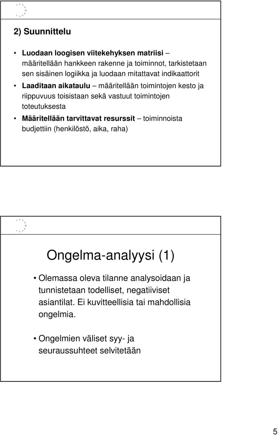 Määritellään tarvittavat resurssit toiminnoista budjettiin (henkilöstö, aika, raha) Ongelma-analyysi (1) Olemassa oleva tilanne analysoidaan ja