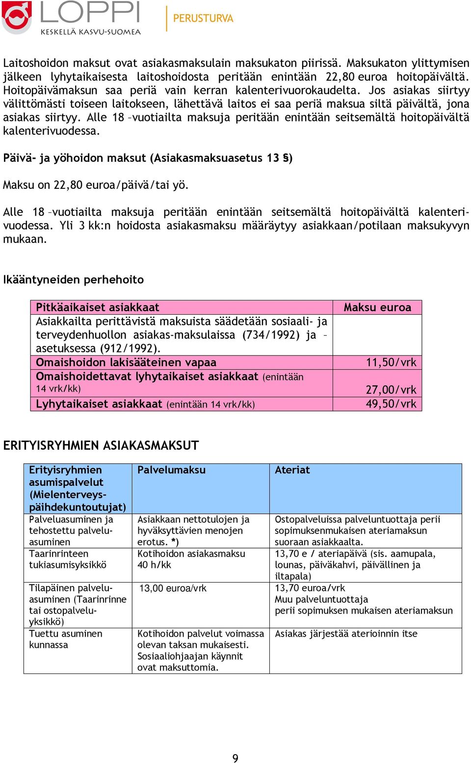 Alle 18 vuotiailta maksuja peritään enintään seitsemältä hoitopäivältä kalenterivuodessa. Päivä- ja yöhoidon maksut (Asiakasmaksuasetus 13 ) Maksu on 22,80 euroa/päivä/tai yö.