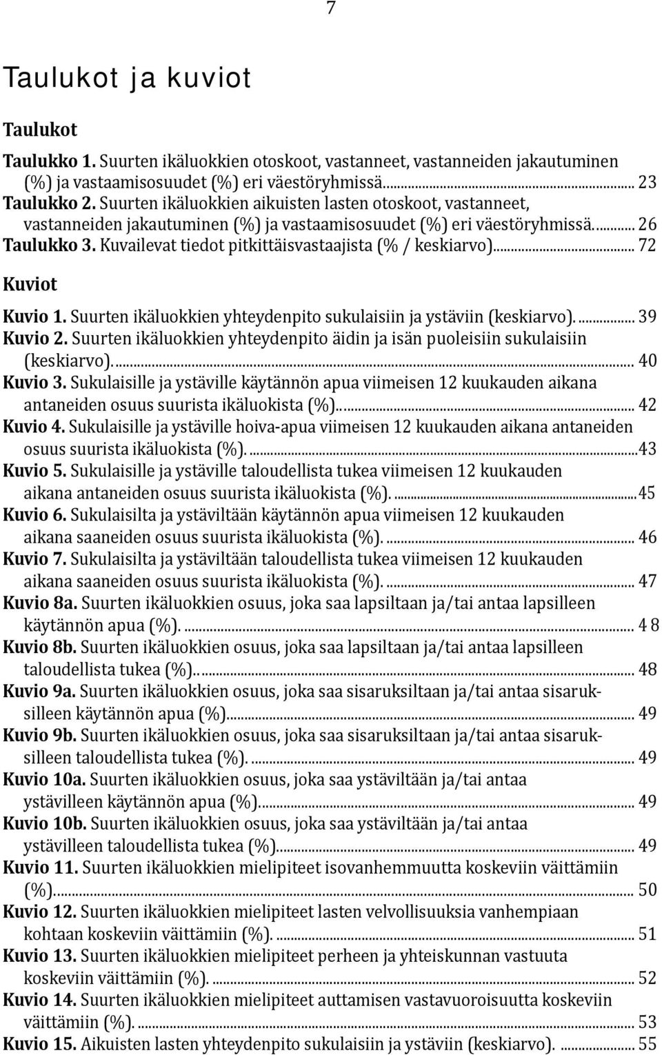 Kuvailevat tiedot pitkittäisvastaajista (% / keskiarvo)... 72 Kuviot Kuvio 1. Suurten ikäluokkien yhteydenpito sukulaisiin ja ystäviin (keskiarvo)... 39 Kuvio 2.