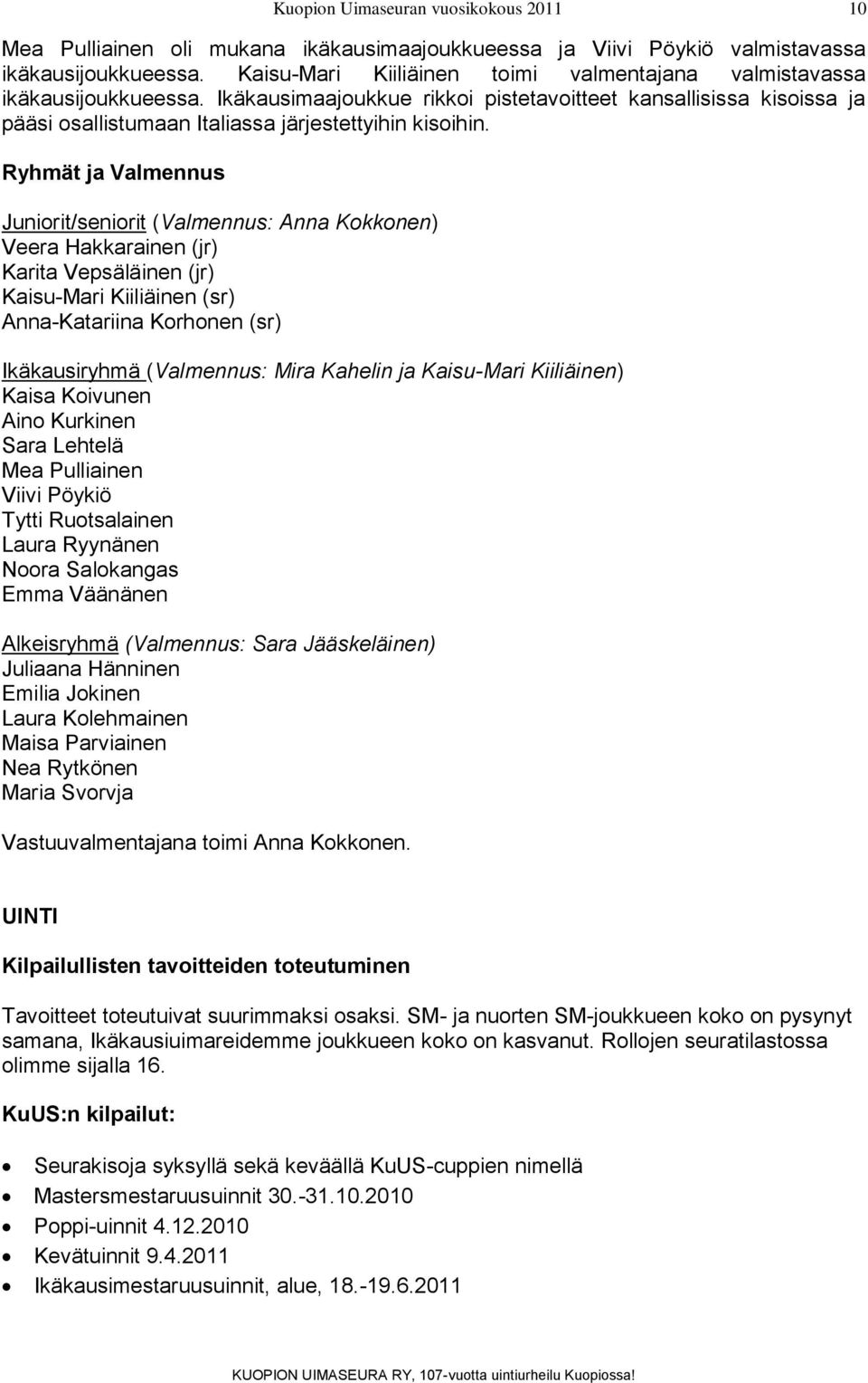 Ryhmät ja Valmennus Juniorit/seniorit (Valmennus: Anna Kokkonen) Veera Hakkarainen (jr) Karita Vepsäläinen (jr) Kaisu-Mari Kiiliäinen (sr) Anna-Katariina Korhonen (sr) Ikäkausiryhmä (Valmennus: Mira