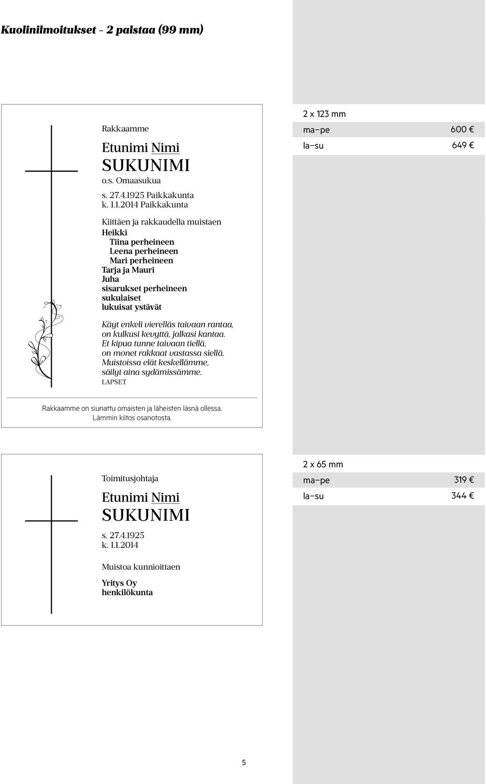 1.2014 Paikkakunta Kiittäen ja rakkaudella muistaen Heikki Tiina perheineen Leena perheineen Mari perheineen Tarja ja Mauri Juha sisarukset perheineen sukulaiset