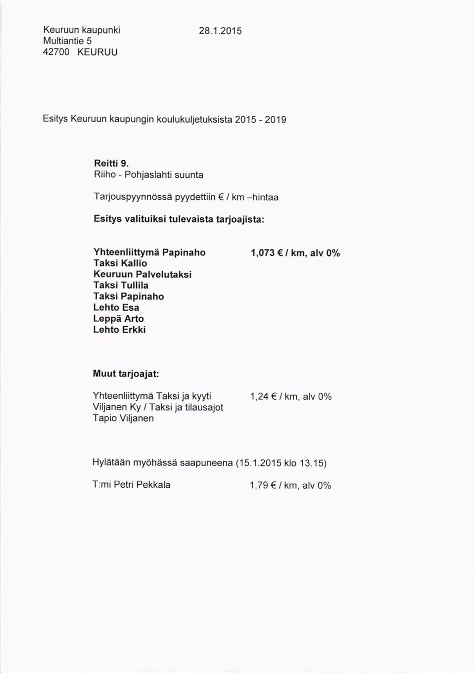 Papinaho 1,073 I km, alv 0% Taksi Kallio Keuruun Palvelutaksi Taksi Tullila Taksi Papinaho Lehto Esa Leppa Arto Lehto Erkki