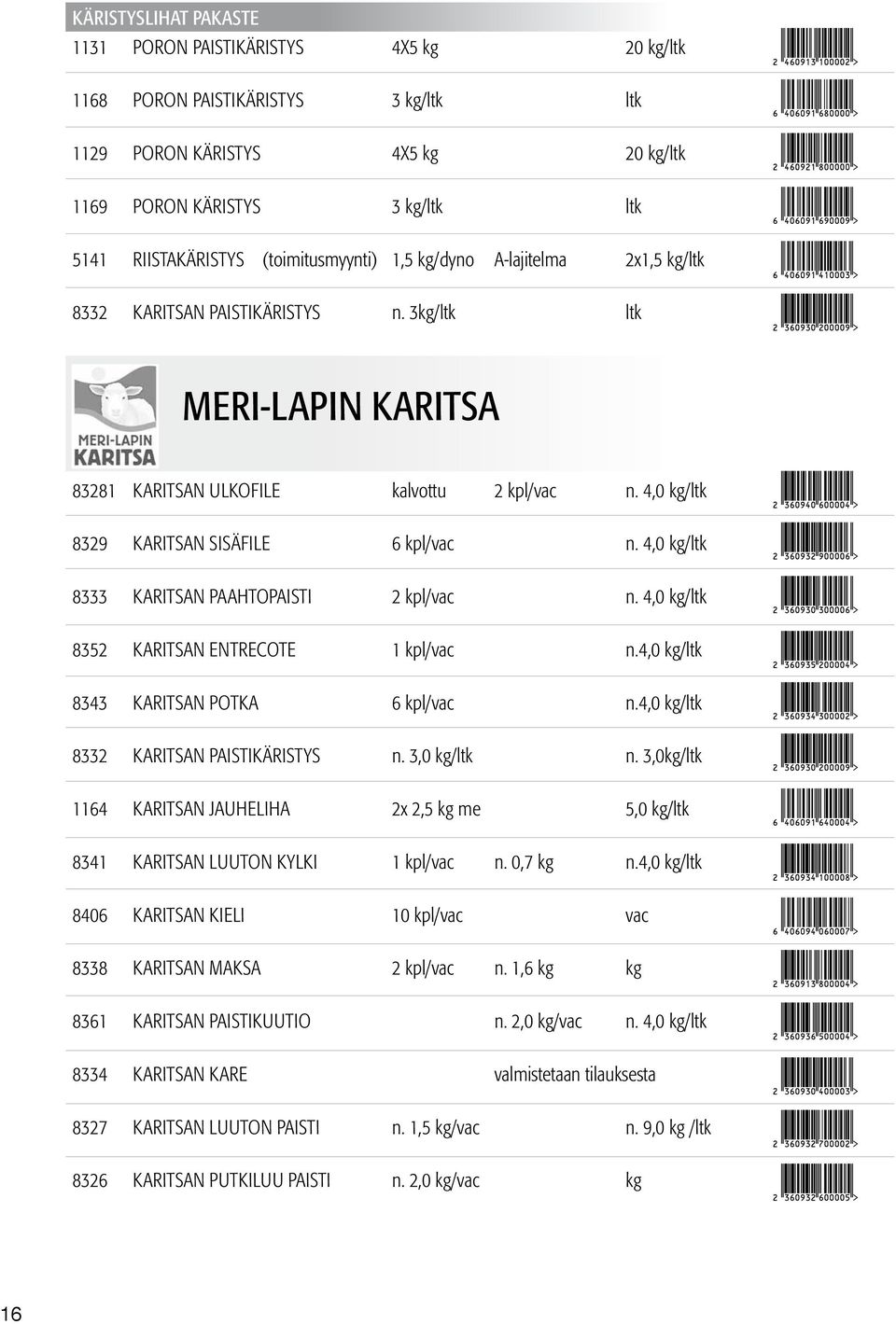 4,0 kg/ltk 8329 KARITSAN SISÄFILE 6 kpl/vac n. 4,0 kg/ltk 8333 KARITSAN PAAHTOPAISTI 2 kpl/vac n. 4,0 kg/ltk 8352 KARITSAN ENTRECOTE 1 kpl/vac n.4,0 kg/ltk 8343 KARITSAN POTKA 6 kpl/vac n.