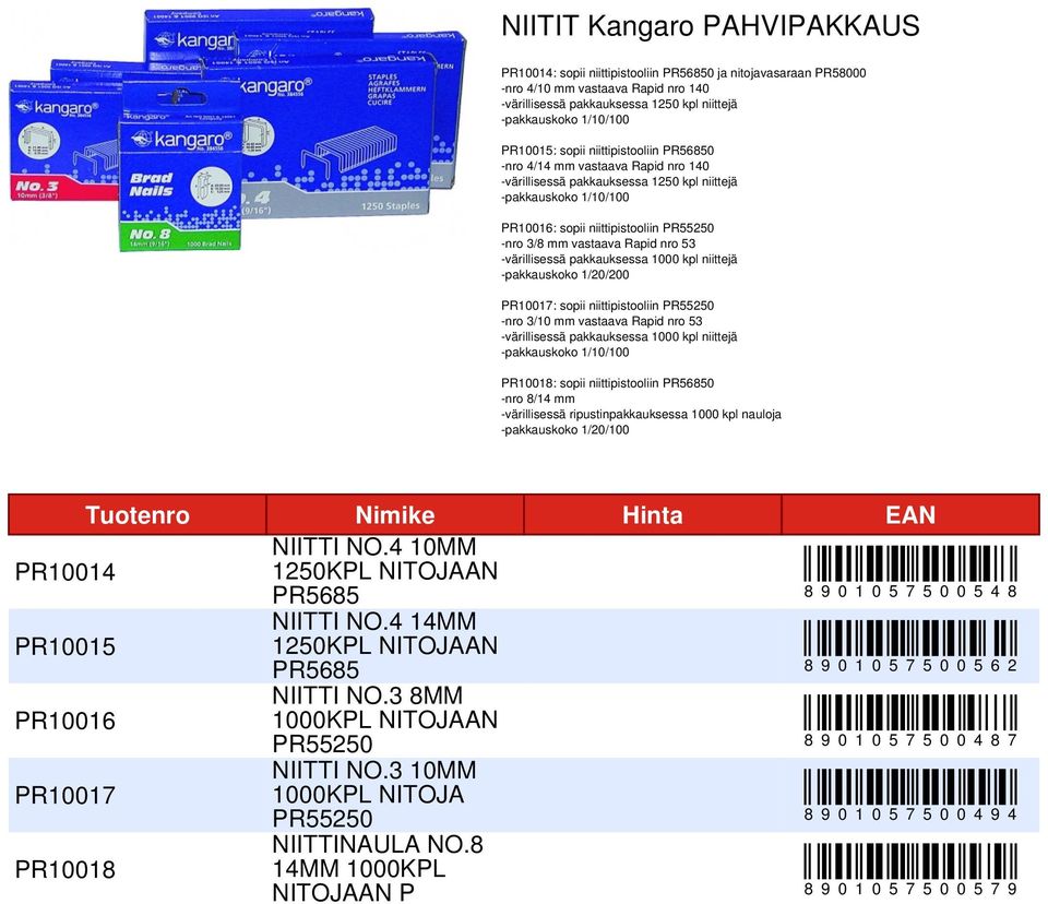 -värillisessä pakkauksessa 1000 kpl niittejä -pakkauskoko 1/20/200 PR10017: sopii niittipistooliin -nro 3/10 mm vastaava Rapid nro 53 -värillisessä pakkauksessa 1000 kpl niittejä -pakkauskoko