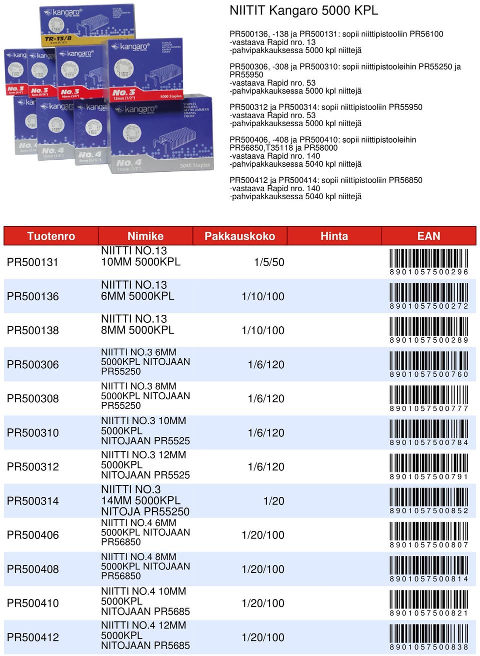 53 -pahvipakkauksessa 5000 kpl niittejä PR500312 ja PR500314: sopii niittipistooliin PR55950 -vastaava Rapid nro.