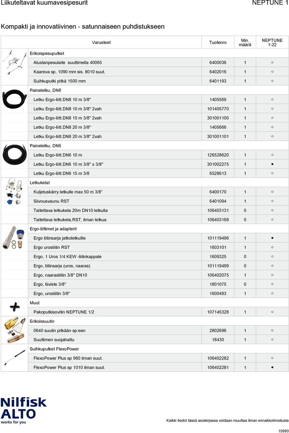 DN8 15 m 3/8'' 2vah 301001100 1 Letku Ergo-liitt.DN8 20 m 3/8'' 1405666 1 Letku Ergo-liitt.DN8 20 m 3/8'' 2vah 301001101 1 Paineletku, DN6 Letku Ergo-liitt.DN6 10 m 126528620 1 Letku Ergo-liitt.