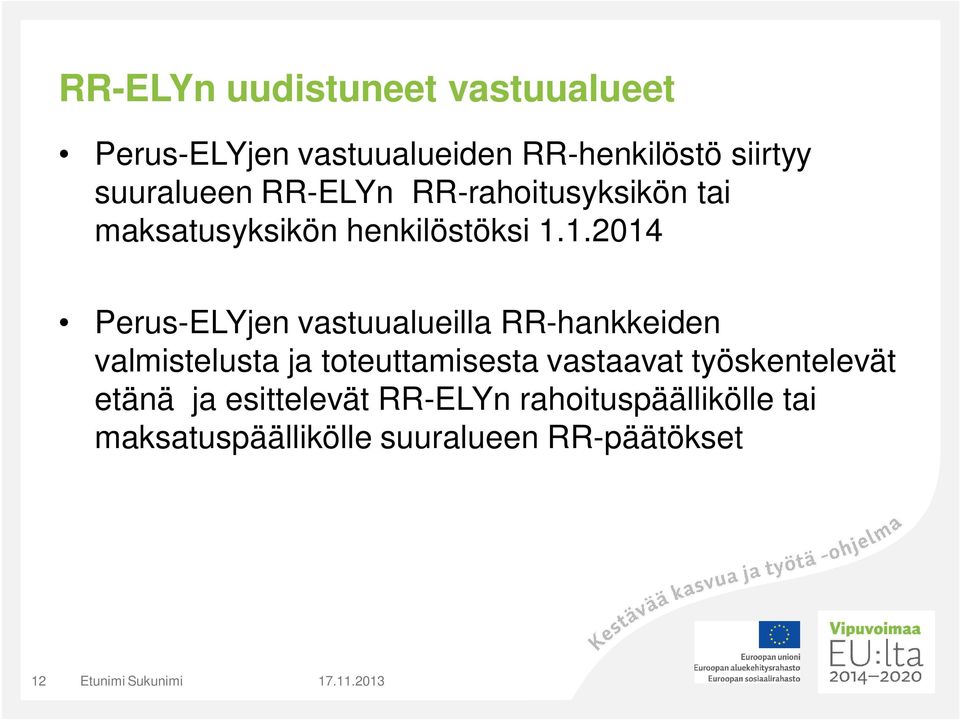 1.2014 Perus-ELYjen vastuualueilla RR-hankkeiden valmistelusta ja toteuttamisesta vastaavat