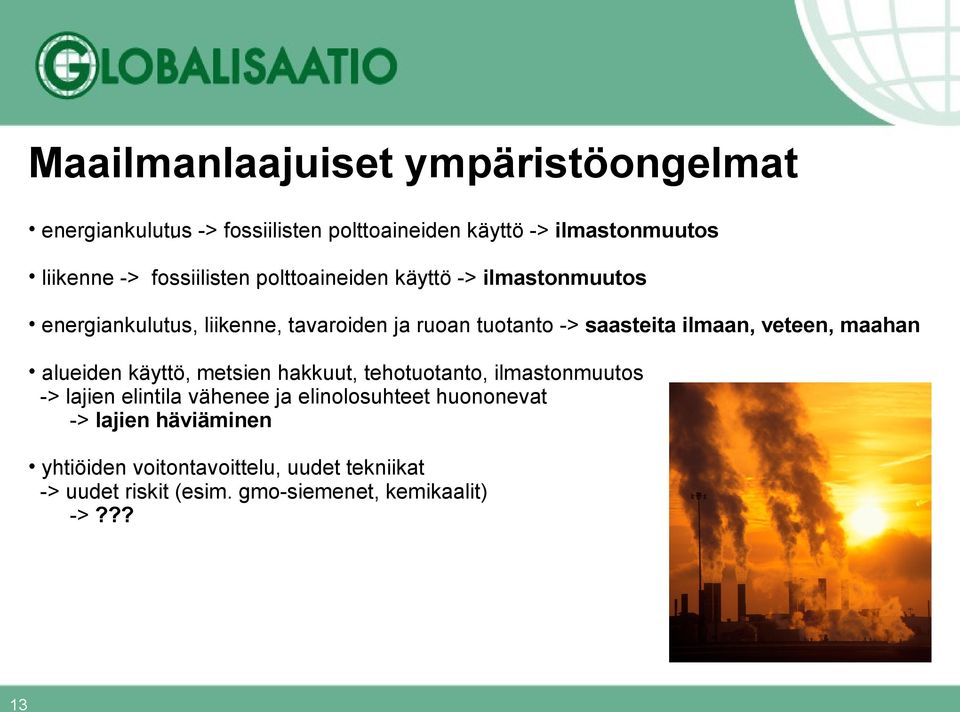 ilmaan, veteen, maahan alueiden käyttö, metsien hakkuut, tehotuotanto, ilmastonmuutos -> lajien elintila vähenee ja