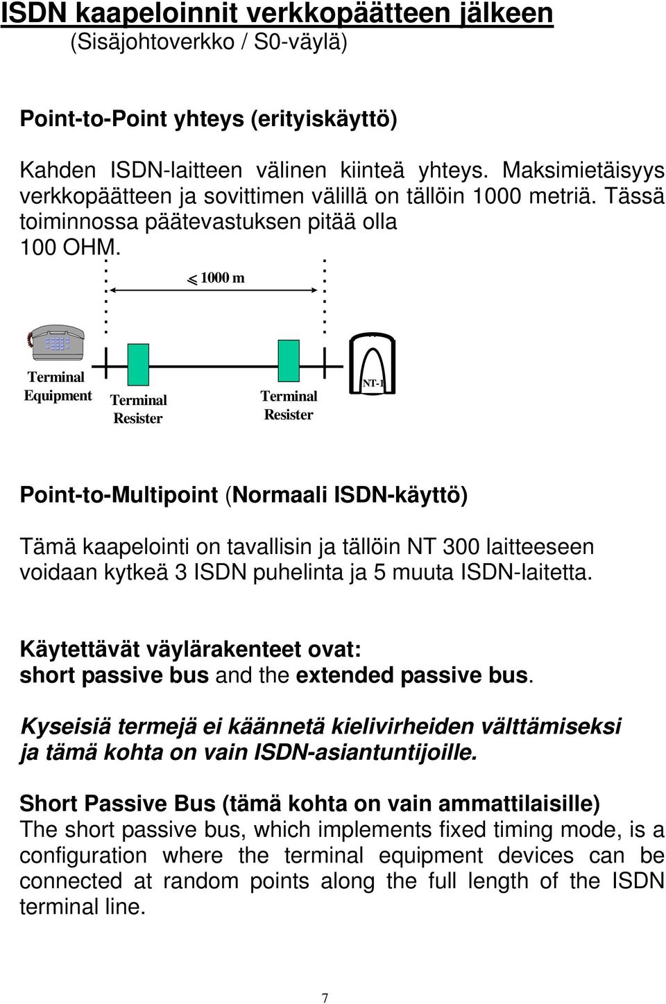< 1000 m Terminal Equipment Terminal Resister Terminal Resister NT-1 Point-to-Multipoint (Normaali ISDN-käyttö) Tämä kaapelointi on tavallisin ja tällöin NT 300 laitteeseen voidaan kytkeä 3 ISDN