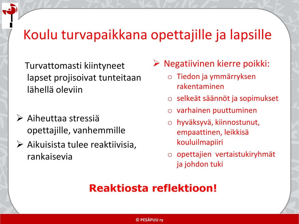 kierre poikki: o Tiedon ja ymmärryksen rakentaminen o selkeät säännöt ja sopimukset o varhainen puuttuminen o