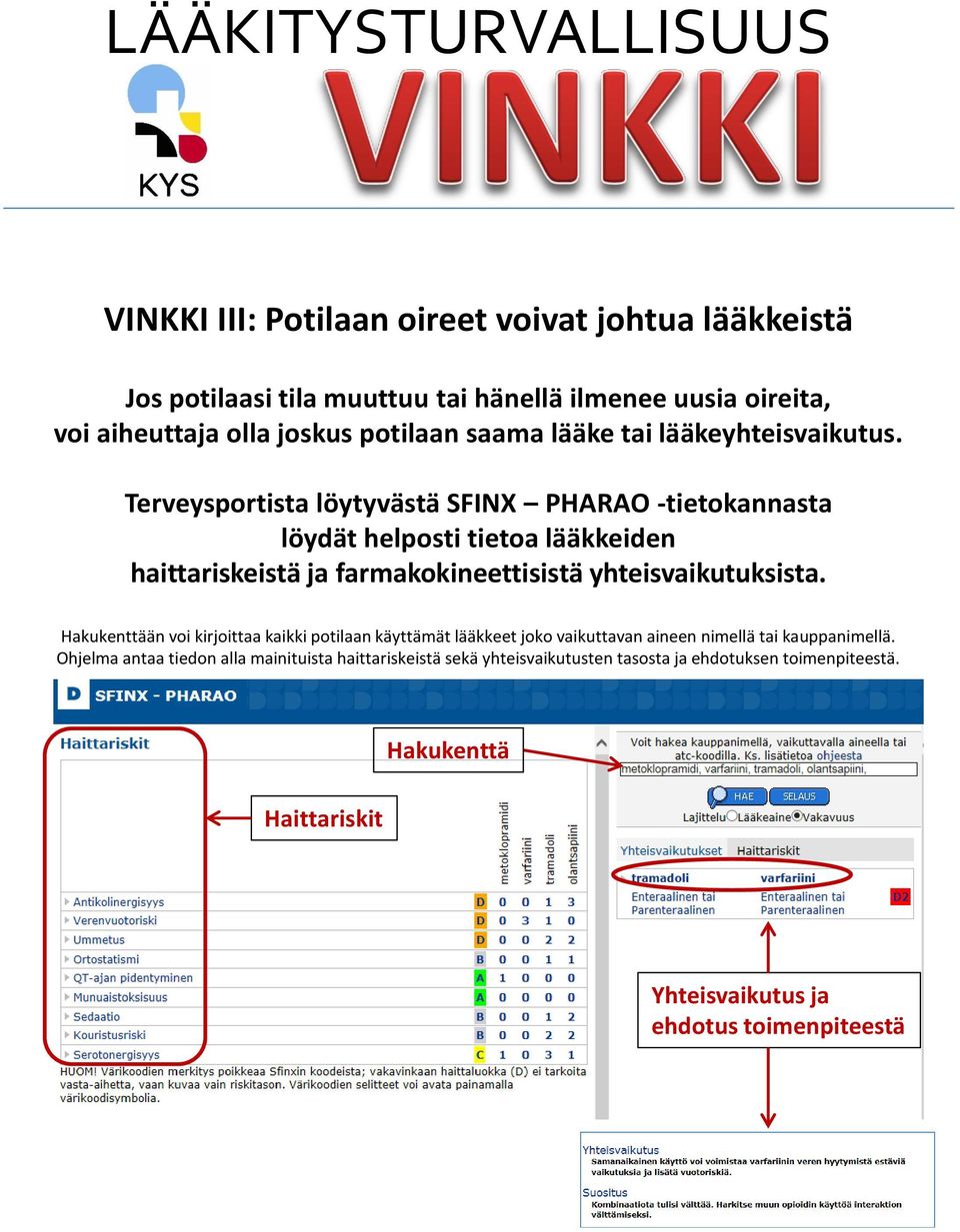 Terveysportista löytyvästä SFINX PHARAO -tietokannasta löydät helposti tietoa lääkkeiden haittariskeistä ja farmakokineettisistä yhteisvaikutuksista.