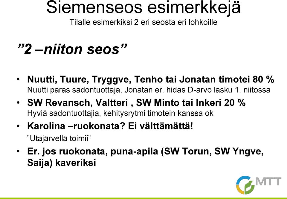 niitossa SW Revansch, Valtteri, SW Minto tai Inkeri 20 % Hyviä sadontuottajia, kehitysrytmi timotein kanssa