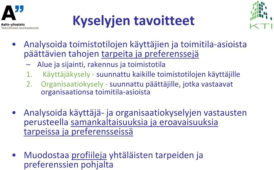 Organisaatiokysely -suunnattu päättäjille, jotka vastaavat organisaationsa toimitila-asioista Analysoida käyttäjä-ja