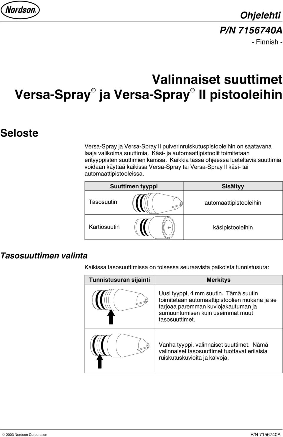 Kaikkia tässä ohjeessa lueteltavia suuttimia voidaan käyttää kaikissa Versa Spray tai Versa Spray II käsi tai automaattipistooleissa.