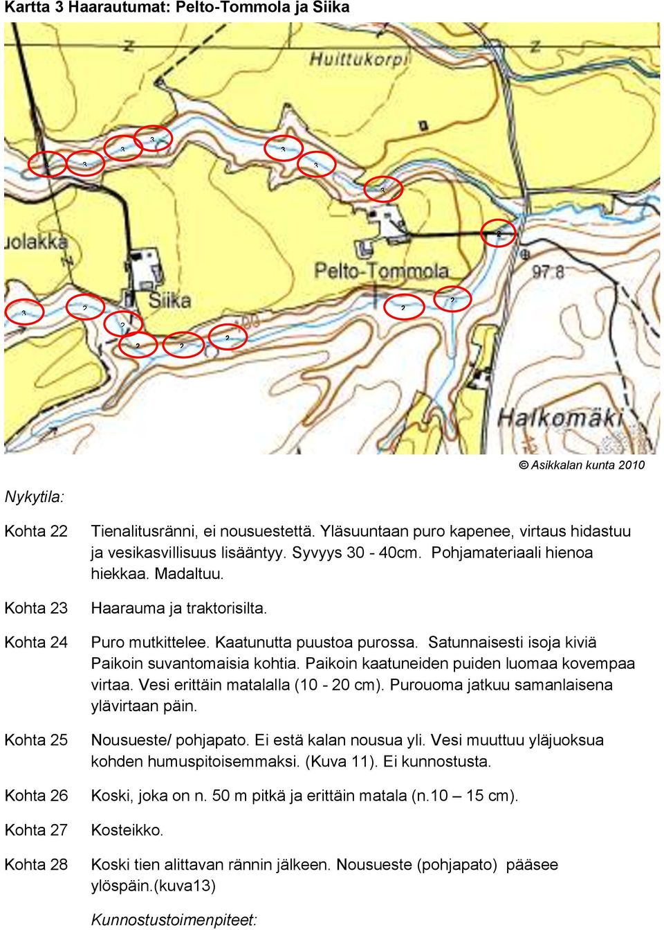 Kaatunutta puustoa purossa. Satunnaisesti isoja kiviä Paikoin suvantomaisia kohtia. Paikoin kaatuneiden puiden luomaa kovempaa virtaa. Vesi erittäin matalalla (10-0 cm).