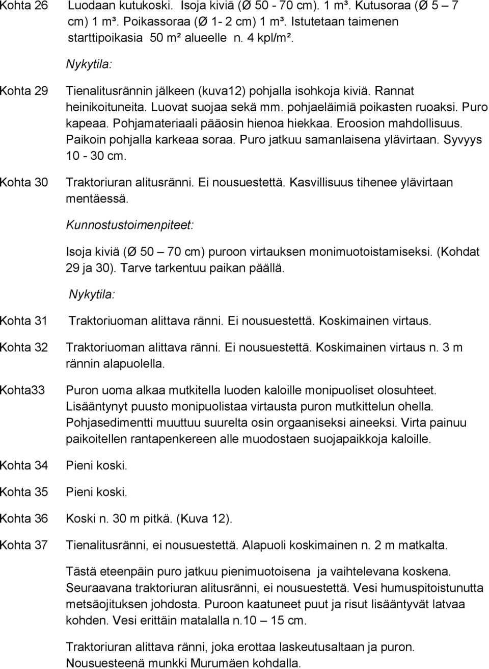 Pohjamateriaali pääosin hienoa hiekkaa. Eroosion mahdollisuus. Paikoin pohjalla karkeaa soraa. Puro jatkuu samanlaisena ylävirtaan. Syvyys 10-30 cm. Traktoriuran alitusränni. Ei nousuestettä.