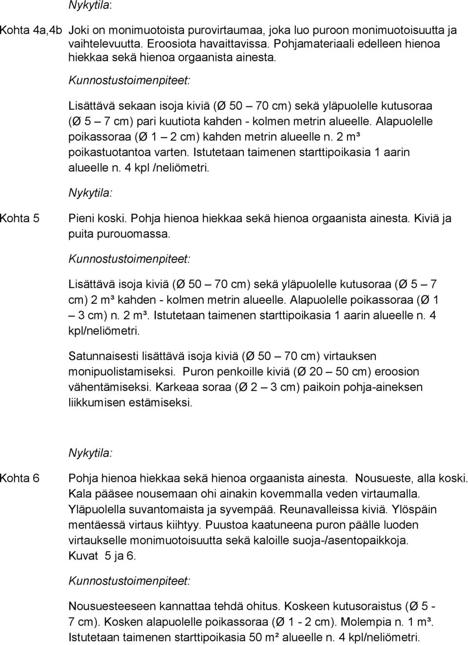 m³ poikastuotantoa varten. Istutetaan taimenen starttipoikasia 1 aarin alueelle n. 4 kpl /neliömetri. Kohta 5 Pieni koski. Pohja hienoa hiekkaa sekä hienoa orgaanista ainesta.