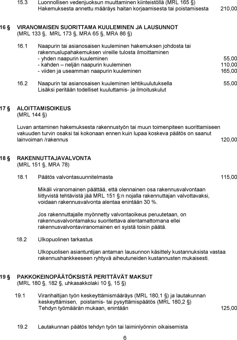 1 Naapurin tai asianosaisen kuuleminen hakemuksen johdosta tai rakennuslupahakemuksen vireille tulosta ilmoittaminen - yhden naapurin kuuleminen 55,00 - kahden neljän naapurin kuuleminen 110,00 -