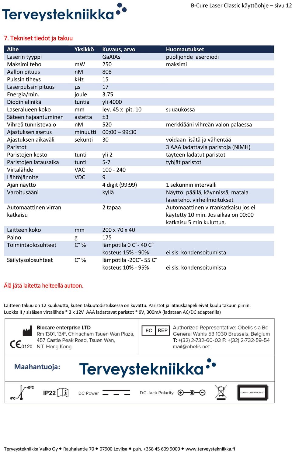 µs 17 Energia/min. joule 3.75 Diodin elinikä tuntia yli 4000 Laseralueen koko mm lev. 45 x pit.