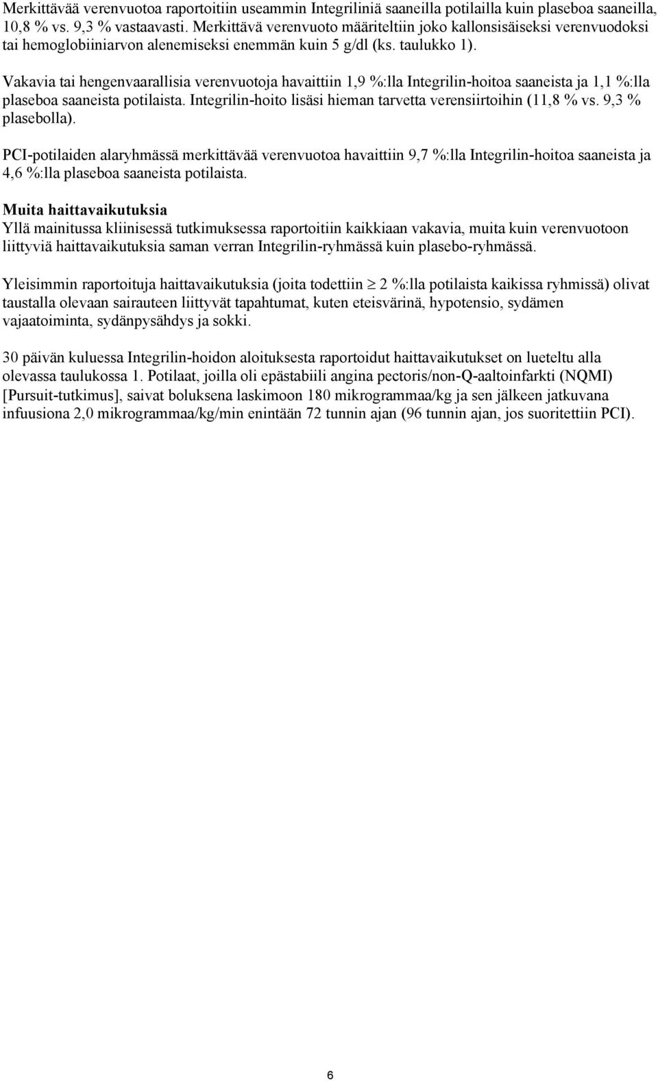 Vakavia tai hengenvaarallisia verenvuotoja havaittiin 1,9 %:lla Integrilin-hoitoa saaneista ja 1,1 %:lla plaseboa saaneista potilaista.